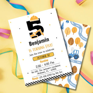 Simple cute construction truck kids 5th birthday  invitation