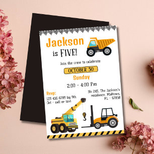 Simple cute construction truck kids 5th birthday  invitation
