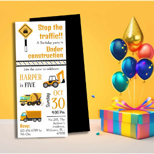 Simple cute construction truck kids 5th birthday invitation