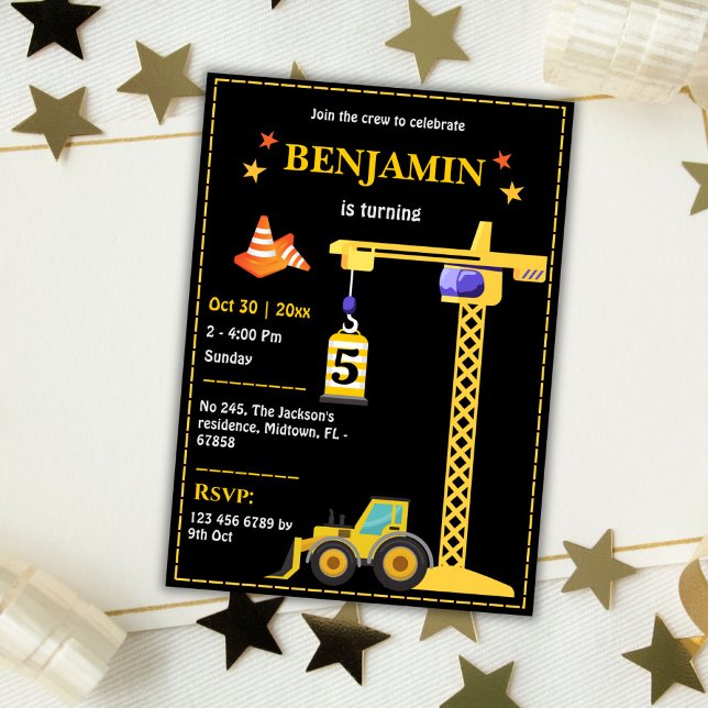 Simple cute construction truck kids 5th birthday  invitation (Creator Uploaded)