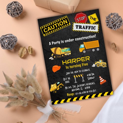 Simple cute construction truck kids 5th birthday invitation