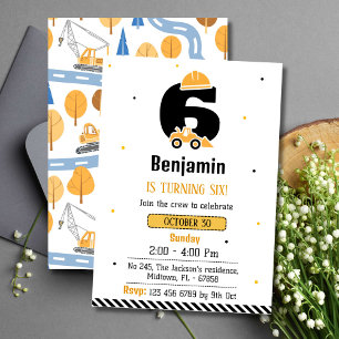 Simple cute construction truck kids 6th birthday invitation
