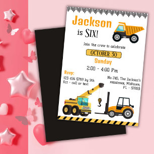 Simple cute construction truck kids 6th birthday invitation