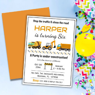 Simple cute construction truck kids 6th birthday  invitation
