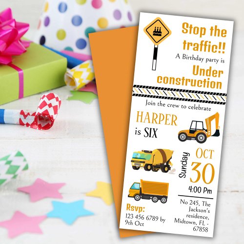 Simple  cute construction truck kids 6th birthday invitation