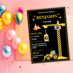Simple cute construction truck kids 6th birthday  invitation