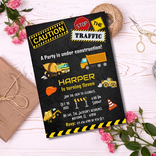 Simple cute construction truck kids 7th birthday invitation