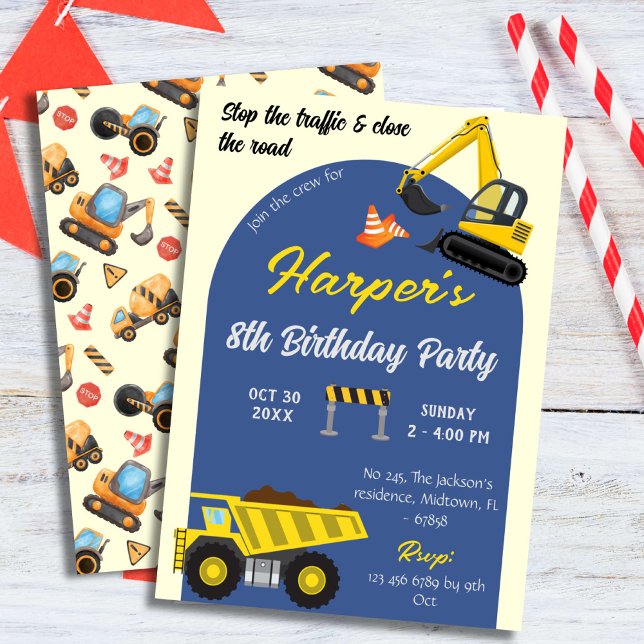 Simple cute construction truck kids 8th birthday invitation (Creator Uploaded)