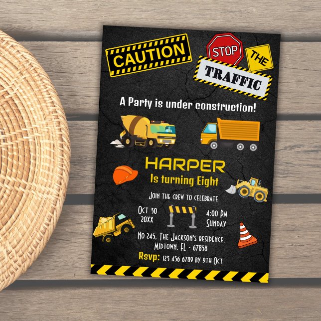 Simple cute construction truck kids 8th birthday  invitation (Creator Uploaded)