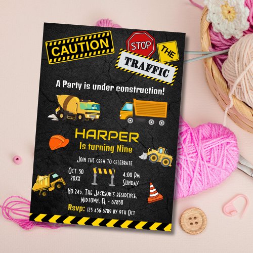 Simple cute construction truck kids 9th birthday  invitation