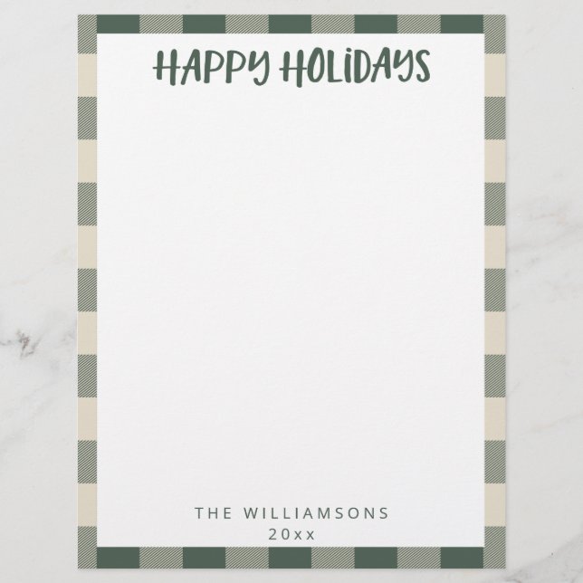 Simple Cute Custom Green Plaid Holiday Stationery  (Front)