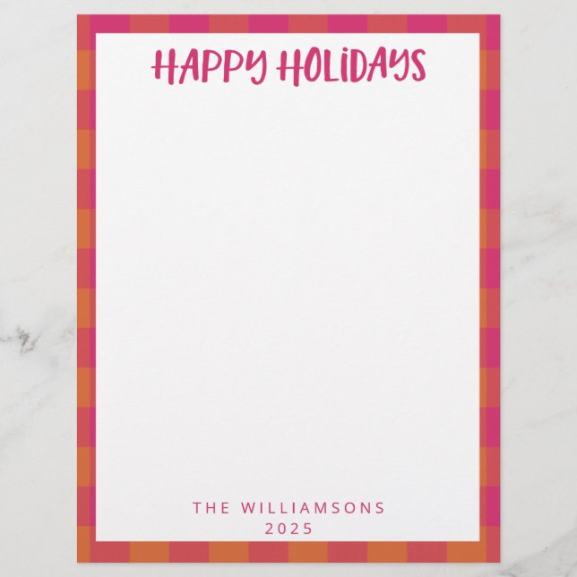 Simple Cute Custom Pink Plaid Holiday Stationery  (Front)