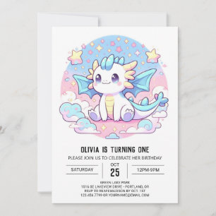 Simple Cute Dragon 1st Birthday Invitation