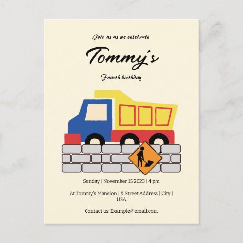 Simple Cute Dump Truck Construction Age Birthday Invitation Postcard