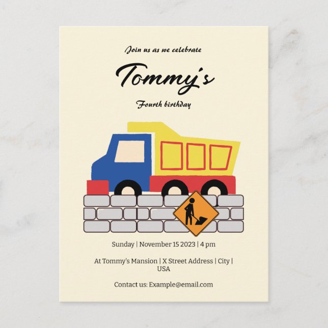 Simple Cute Dump Truck Construction Age Birthday Invitation Postcard (Front)