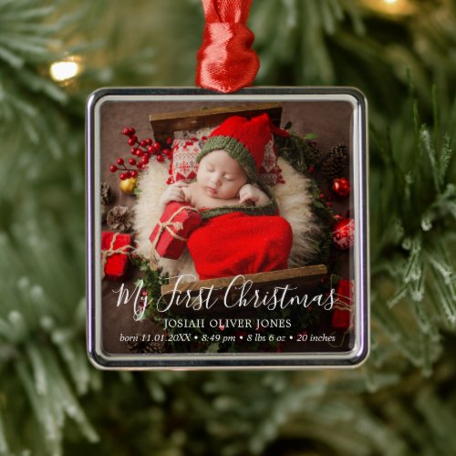 Simple Cute Elegant Baby Photo My First Christmas Metal Ornament