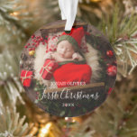 Simple Cute Elegant Photo Baby First Christmas Ornament<br><div class="desc">Cute Baby's First Christmas ornament featuring a simple design with "(Name's) First First Christmas" in an elegant script and the year along over your favorite newborn photo. The back has a second picture along with baby's name and birth stats. This modern holiday birth announcement ornament makes a great Christmas gift...</div>