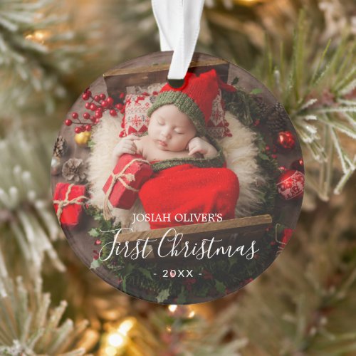 Simple Cute Elegant Photo Baby First Christmas Ornament