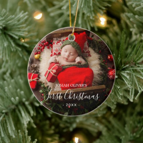 Simple Cute Elegant Photo Babys First Christmas Ceramic Ornament