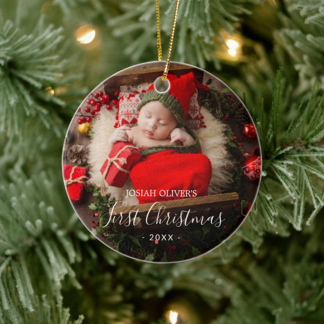 Simple Cute Elegant Photo Baby's First Christmas Ceramic Ornament (Tree)