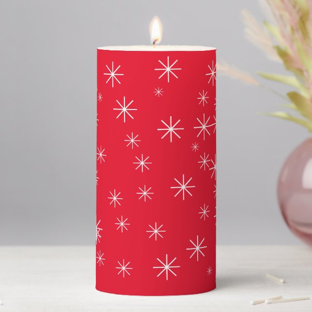 Simple Cute Elegant Rustic Red With Snowflakes Pillar Candle (In Situ)