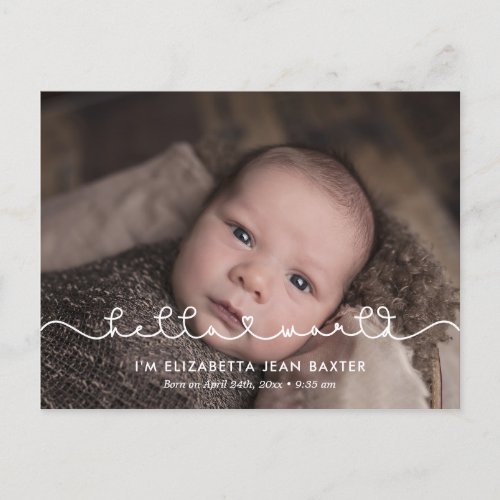 Simple cute font Hello world birth announcement Postcard