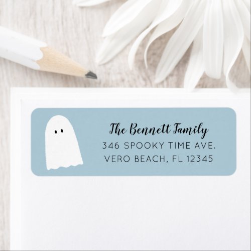 Simple Cute Ghost Elegant Script Halloween Blue Label
