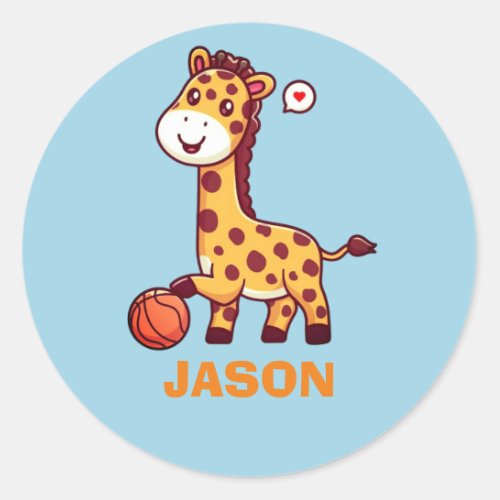 Simple cute giraffe kawaii with basketball  classic round sticker