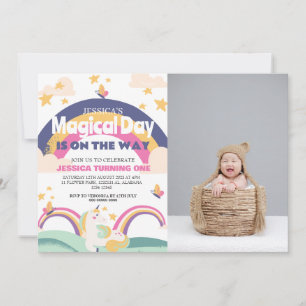 Simple Cute Girl Photo Unicorn First Birthday Baby Invitation