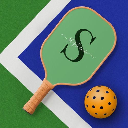 Simple Cute Green Monogram Initial Name Pickleball Paddle