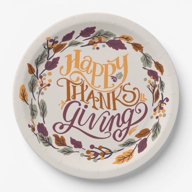  Simple Cute Happy Thanksgiving Pumpkin Fall Paper Plates (Front)