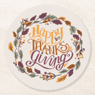 Simple Cute Happy Thanksgiving Pumpkin Fall Round Paper Coaster