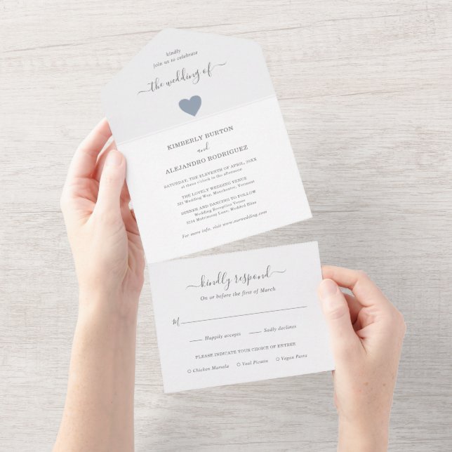 Simple Cute Heart Modern Dusty Blue Wedding All In One Invitation (Tearaway)