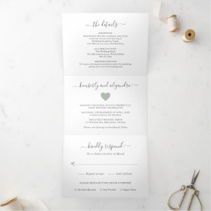 Simple Cute Heart Photo Modern Green Sage Wedding Tri-Fold Invitation