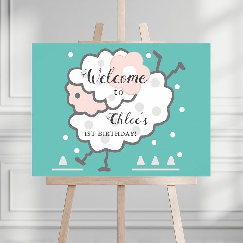 Simple Cute Jumping Lamb 1st Birthday Cyan Welcome Foam Board