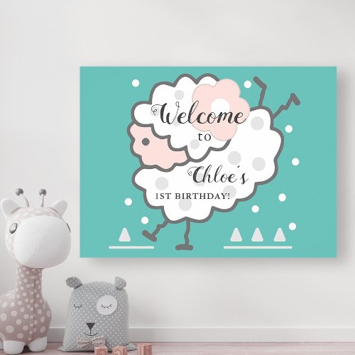 Simple Cute Jumping Lamb 1st Birthday Cyan Welcome Poster