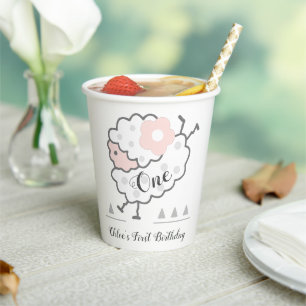 Simple Cute Jumping Lamb 1st Birthday Pink & White Paper Cups