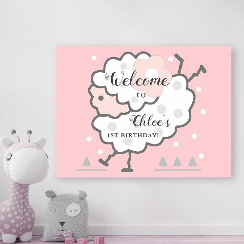 Simple Cute Jumping Lamb 1st Birthday Welcome Pink Poster