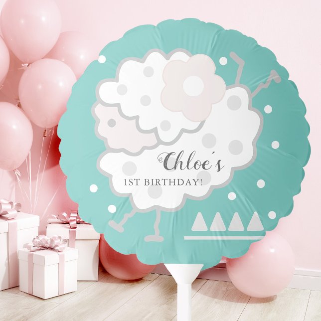 Simple Cute Jumping Lamb Cyan & White 1st Birthday Balloon (Creator Uploaded)