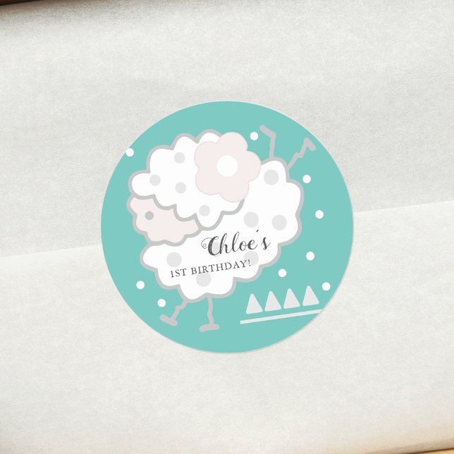 Simple Cute Jumping Lamb Cyan & White 1st Birthday Classic Round Sticker (Creator Uploaded)