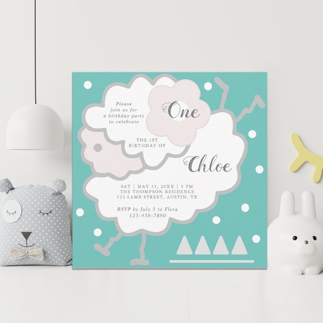 Simple Cute Jumping Lamb Cyan & White 1st Birthday Invitation (Creator Uploaded)