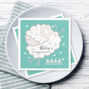 Simple Cute Jumping Lamb Cyan & White 1st Birthday Napkins