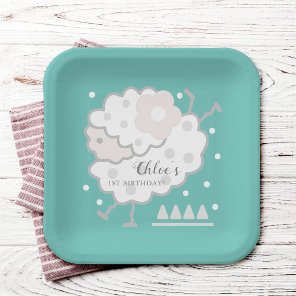 Simple Cute Jumping Lamb Cyan & White 1st Birthday Paper Plates