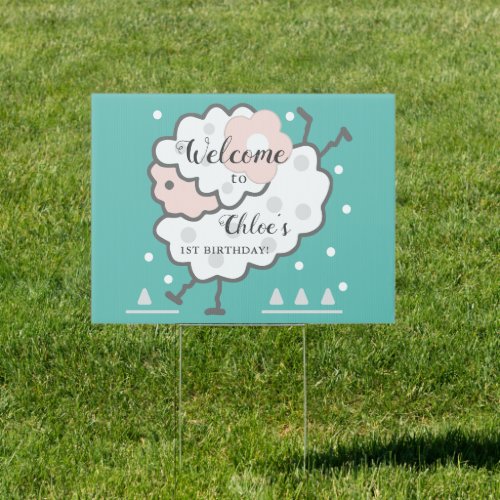 Simple Cute Jumping Lamb Cyan  White 1st Birthday Sign