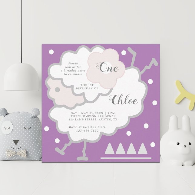 Simple Cute Jumping Lamb Lavender 1st Birthday Invitation (Creator Uploaded)