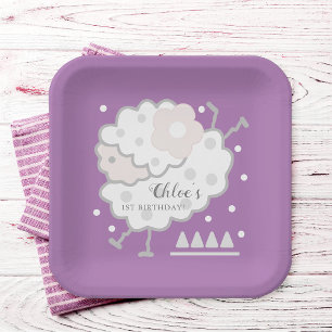 Simple Cute Jumping Lamb Lavender 1st Birthday Paper Plates