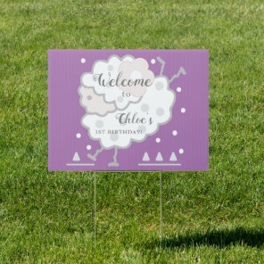 Simple Cute Jumping Lamb Lavender 1st Birthday Sign