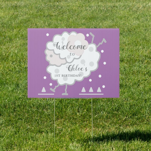 Simple Cute Jumping Lamb Lavender 1st Birthday Sign (Insitu)