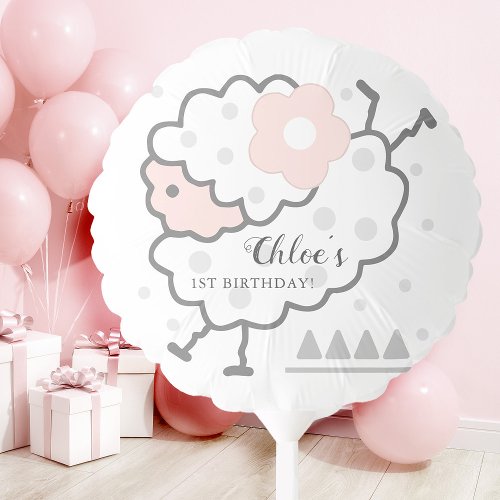 Simple Cute Jumping Lamb Pink  White 1st Birthday Balloon