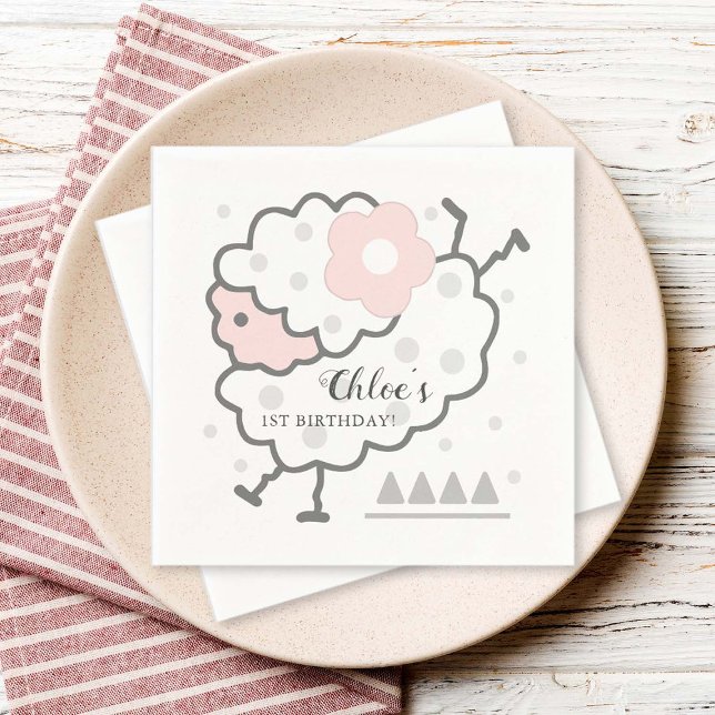 Simple Cute Jumping Lamb Pink & White 1st Birthday Napkins (Creator Uploaded)